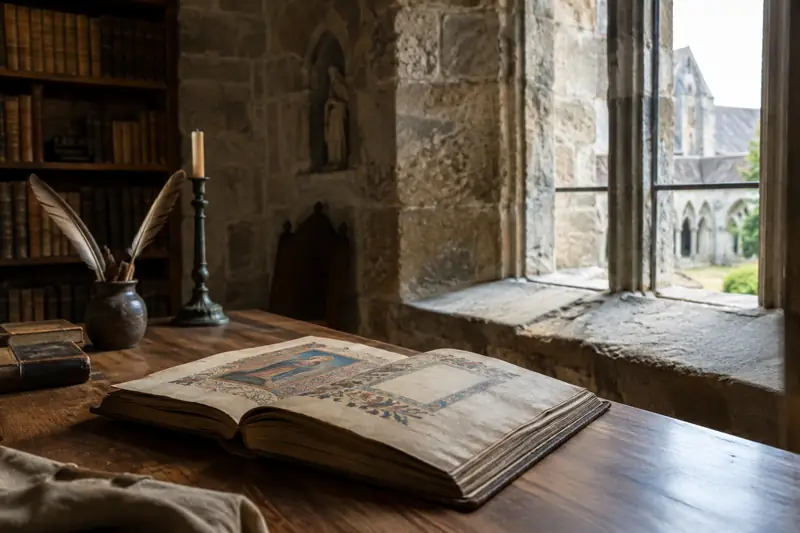 Manuscrit médiéval ouvert dans une salle lumineuse du Scriptorial d’Avranches