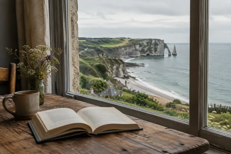 Livre ouvert face à la mer et aux falaises de la côte normande