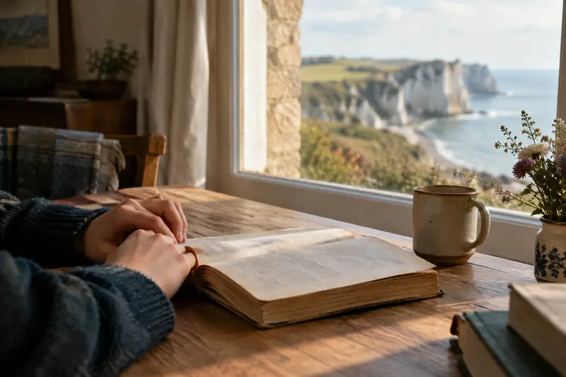 Un adolescent découvre un livre près d’une fenêtre ouverte sur la côte normande