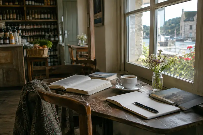 Dans un café normand, des livres ouverts près d’une fenêtre baignée de lumière.