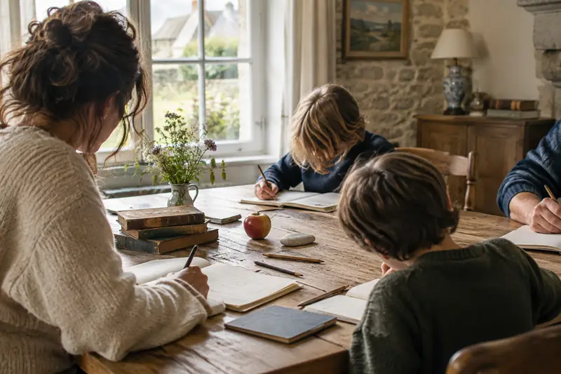 Une famille écrit autour d’une table lumineuse, entre carnets, livres et objets de promenade normande