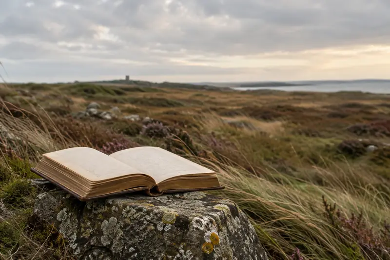 La lande de Lessay, sous un ciel bas, avec un livre ouvert au premier plan