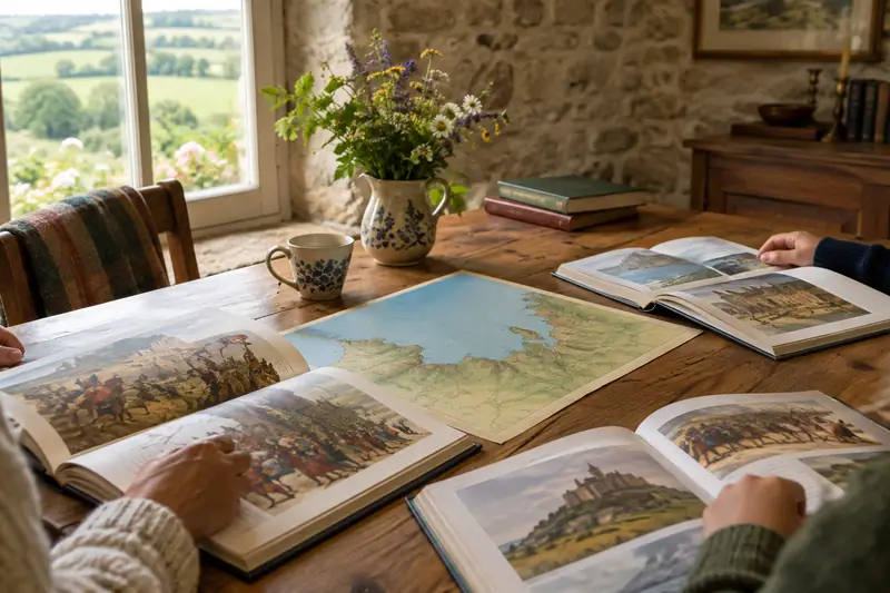 Albums illustrés ouverts sur une table familiale, dans une maison normande baignée de lumière