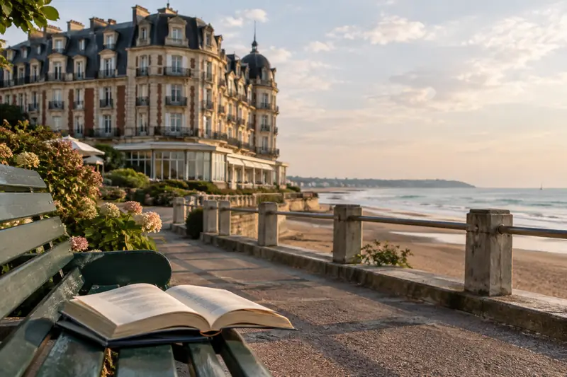 Le Grand Hôtel de Cabourg face à la mer, avec un livre ouvert dans la lumière