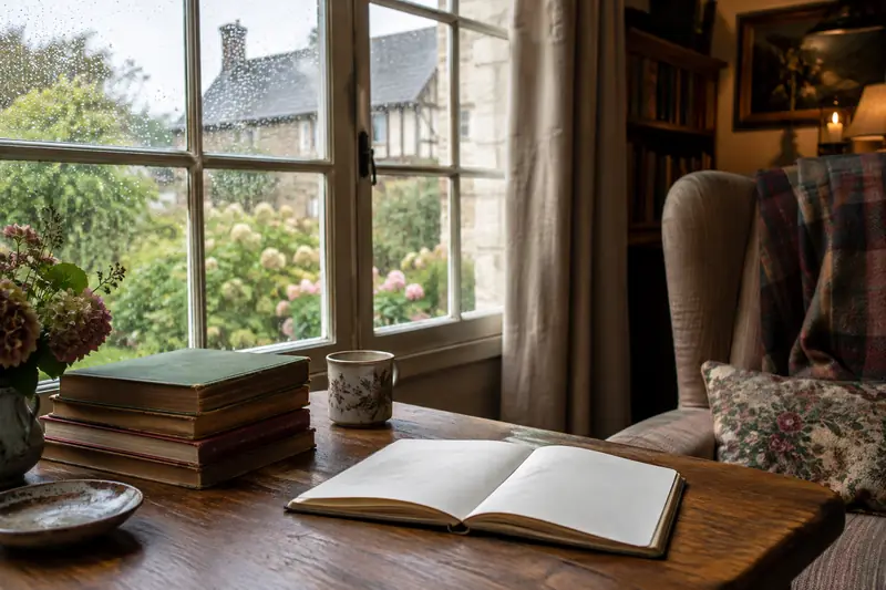 Carnet ouvert et livres anciens près d’une fenêtre normande baignée de lumière.