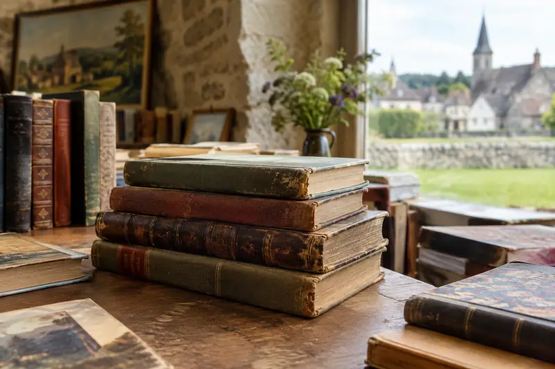 Livres anciens aux reliures patinées sur une table de brocante normande