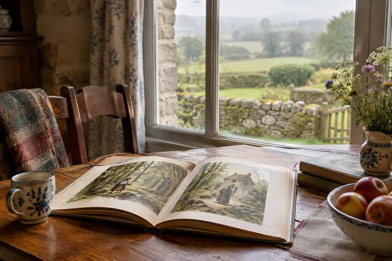 Un livre de contes ouvert près d’une fenêtre, sur fond de paysage normand