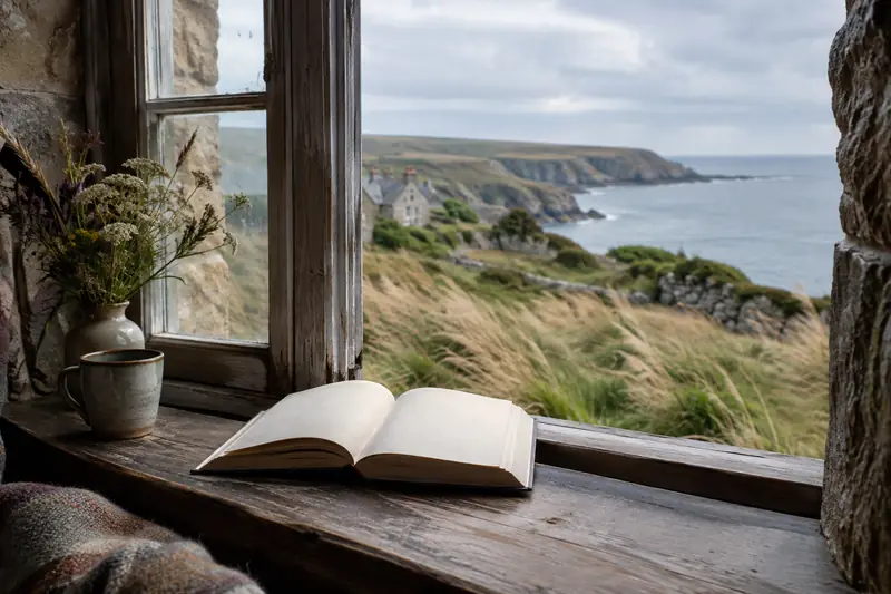 Maison de pierre dans la Hague, un livre ouvert près d’une fenêtre face aux herbes du littoral
