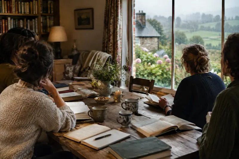 Livres ouverts sur une table en bois, dans une maison normande baignée de lumière naturelle