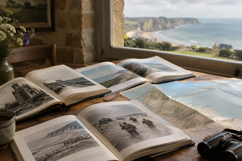 Livres ouverts et carte muette près d'une fenêtre donnant sur le littoral normand
