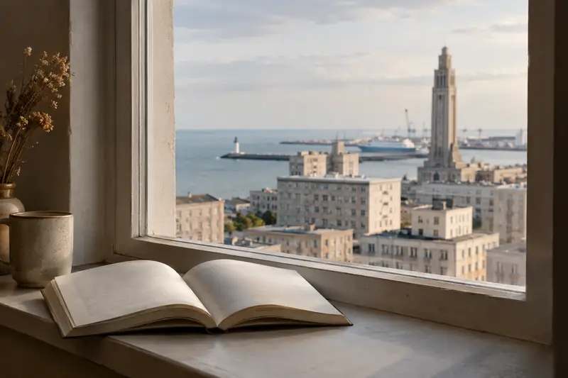 Livre ouvert devant les façades reconstruites du Havre, sous une lumière douce