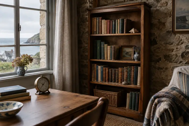 Livres anciens rangés à l’écart d’un mur dans une maison normande lumineuse