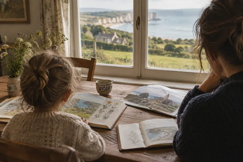 Parent et enfant feuillettent un livre près d’une fenêtre ouverte sur le paysage normand