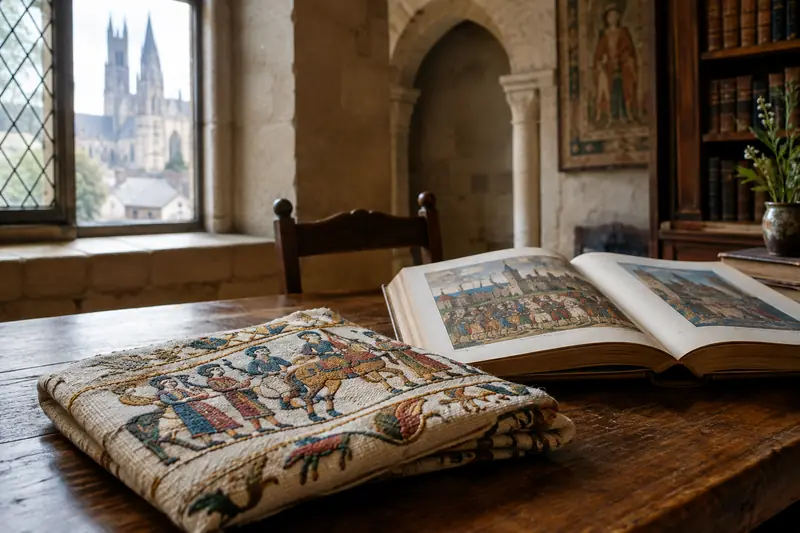 Broderie ancienne et livre d’histoire évoquant la tapisserie de Bayeux
