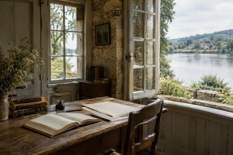 Pavillon normand près de la Seine, avec livres ouverts dans une lumière douce.