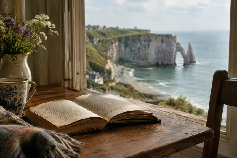 Un livre ouvert face aux falaises d’Étretat, dans une lumière douce