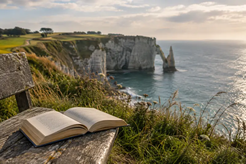Un livre ouvert face aux falaises normandes, sous une douce lumière matinale
