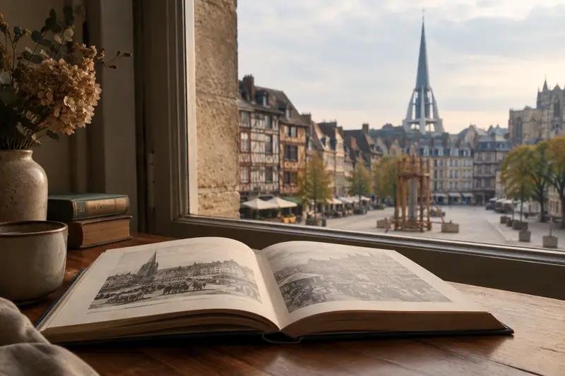 Un livre ouvert près d’une fenêtre sur le Vieux-Marché de Rouen