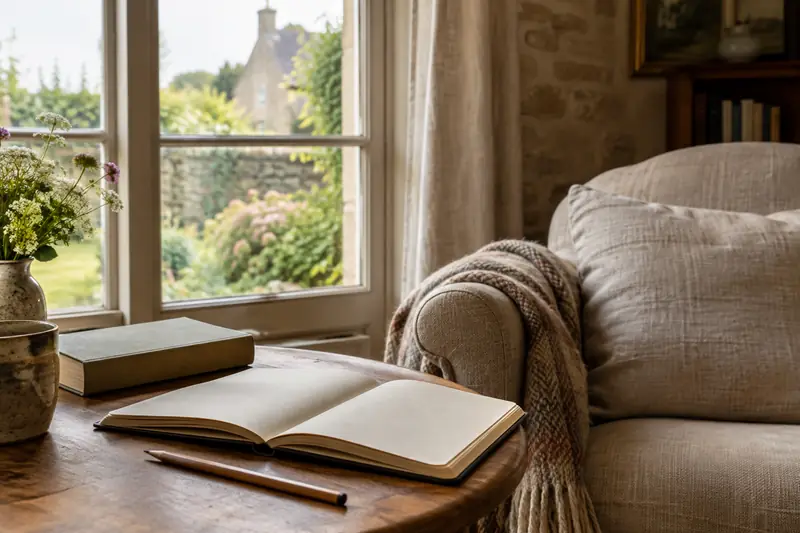 Carnet de lecture ouvert près d’un fauteuil dans une maison normande