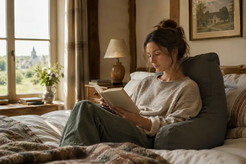 Coussin de lecture avec dossier et accoudoirs posé sur un lit dans une maison normande