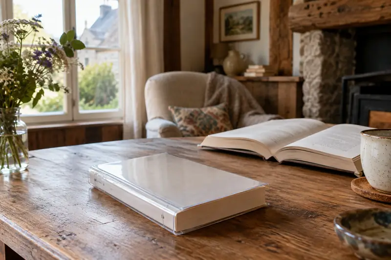 Un poche protégé par un couvre-livre transparent dans un coin lecture d’une maison normande