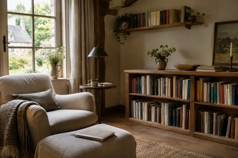 Étagères murales et bibliothèque basse garnies de livres dans un coin lecture chaleureux d’une maison normande.