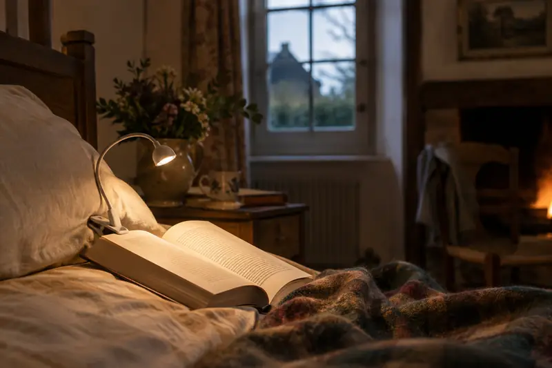 Lampe de lecture à pince diffusant une lumière chaude sur un livre dans une chambre normande