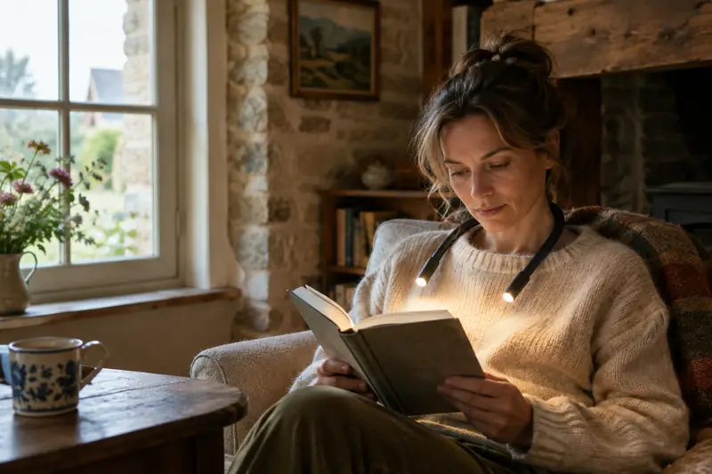 Lectrice utilisant une lampe tour de cou pour éclairer son livre dans une maison normande
