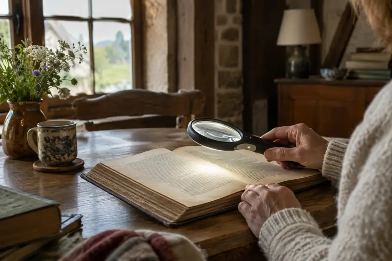 Une loupe de lecture au-dessus d’un livre ancien dans une maison normande