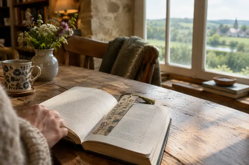 Un marque-pages posé dans un livre ouvert, près d’une fenêtre dans une maison normande.