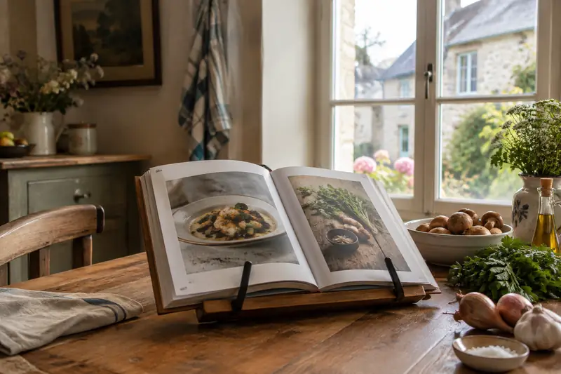 Support de livre réglable posé sur une table de cuisine dans une maison normande