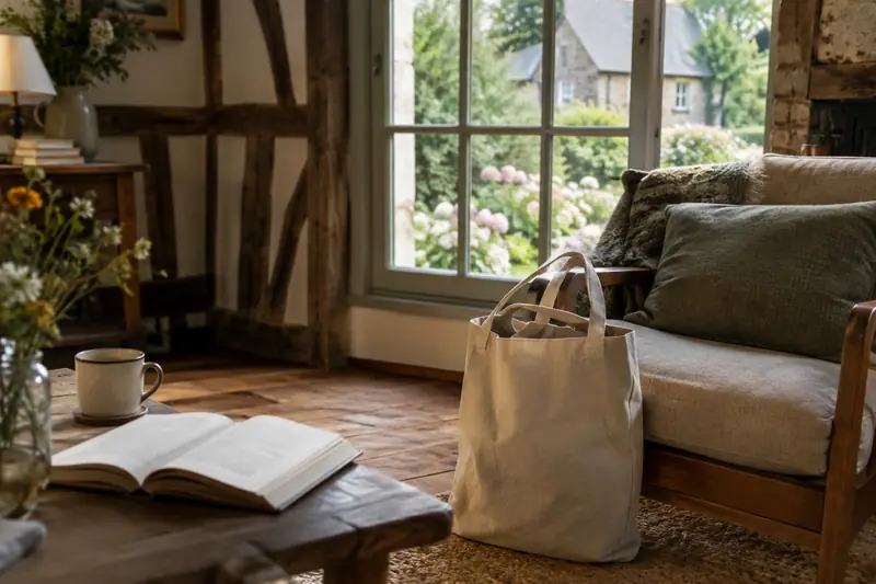 Un tote bag en toile posé près d'un livre ouvert dans un intérieur chaleureux de maison normande