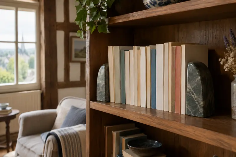 Des serre-livres maintiennent une collection de poches sur une étagère dans un coin lecture chaleureux.