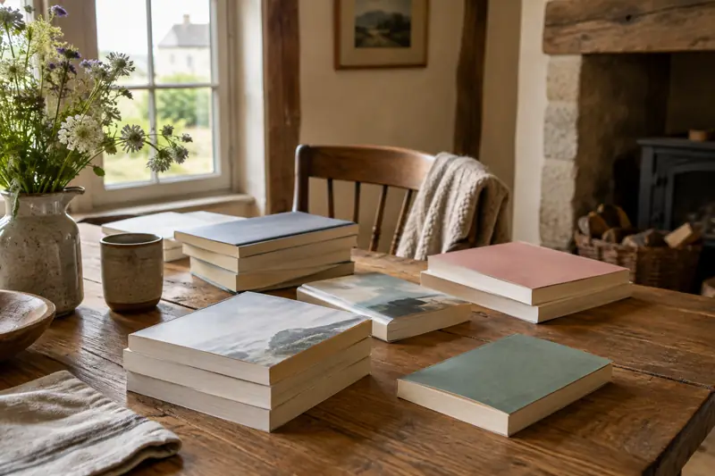 Livres de poche réunis sur une table dans une maison normande