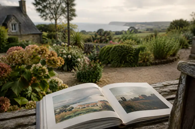 Livre d'art ouvert près d'un jardin évoquant les paysages normands