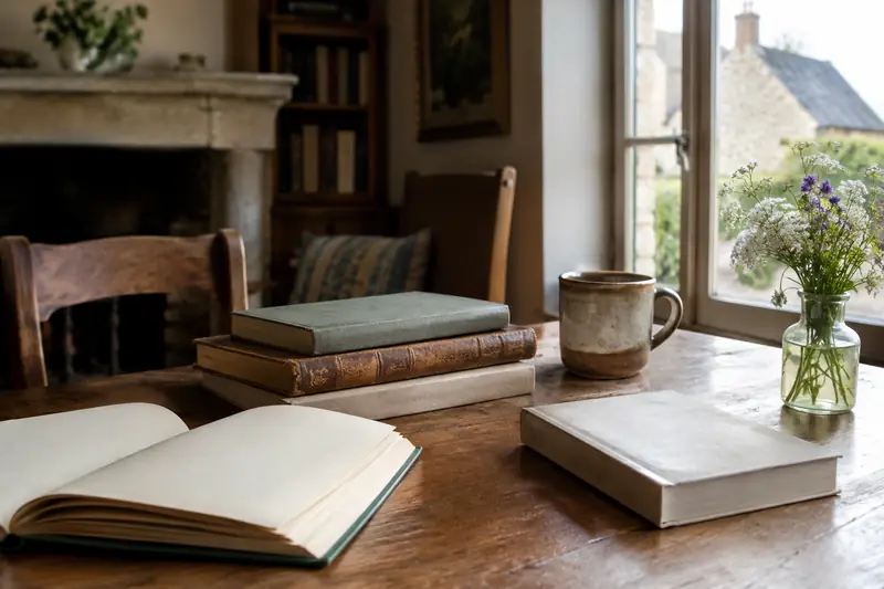 Quelques livres ouverts sur une table dans une maison normande
