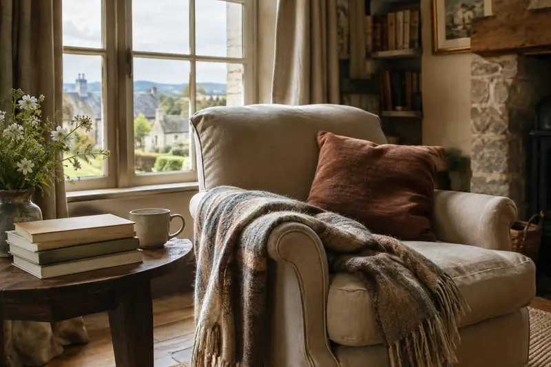 Un coin lecture chaleureux dans une maison normande