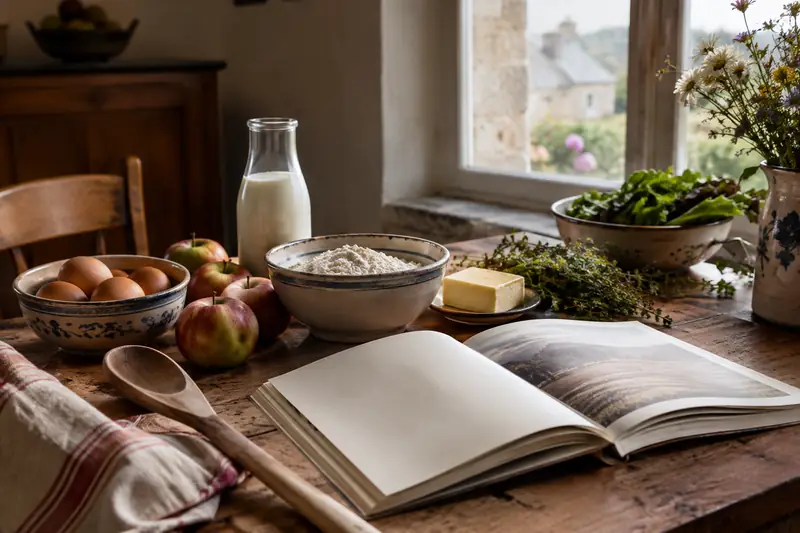 Livre de cuisine ouvert sur une table avec des ingrédients simples