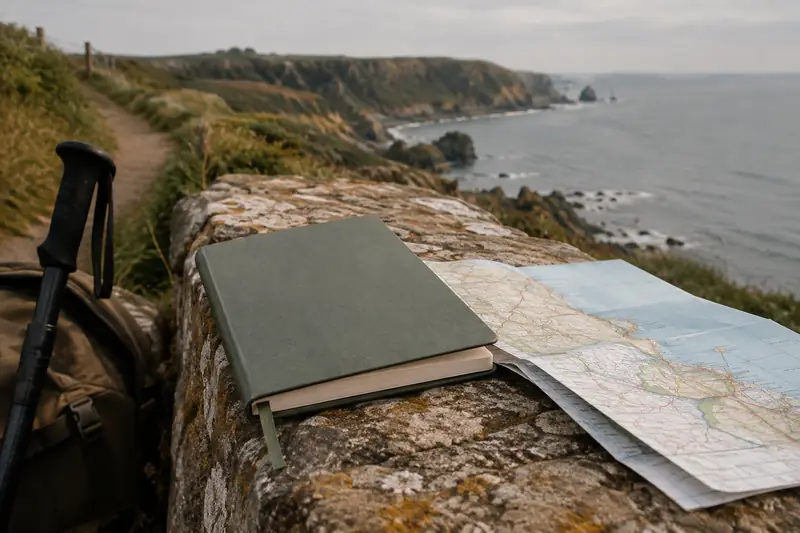 Un guide et une carte posés près d’un chemin côtier normand