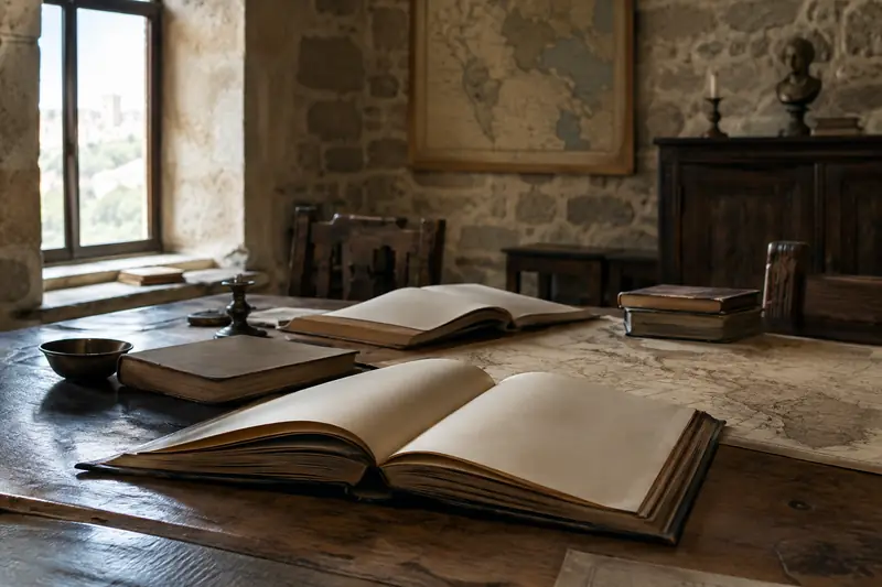 Des livres ouverts dans une pièce ancienne en Normandie