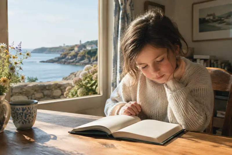 Jeune lecteur plongé dans un livre près d'une fenêtre lumineuse