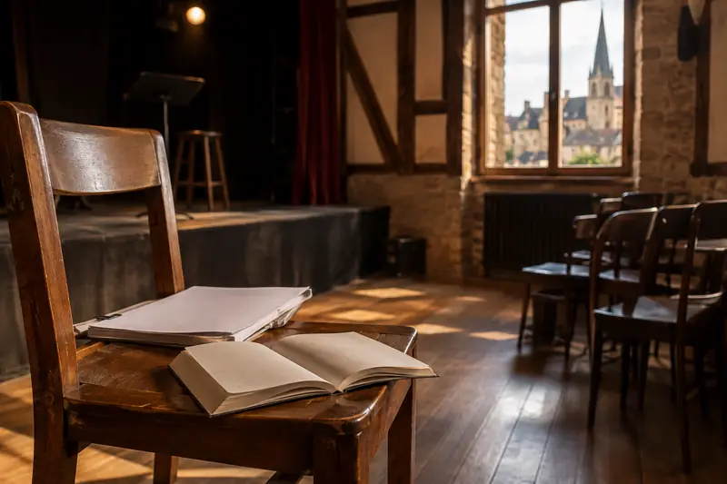 Un texte posé sur une chaise dans une petite salle de théâtre