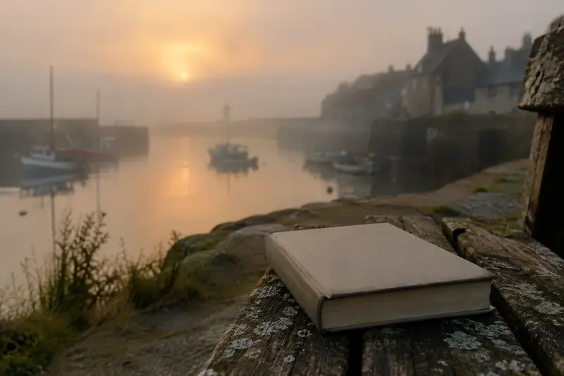 Un livre posé face à un port normand enveloppé de brume