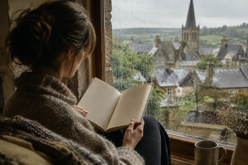 Un livre ouvert près d’une fenêtre donnant sur un village normand