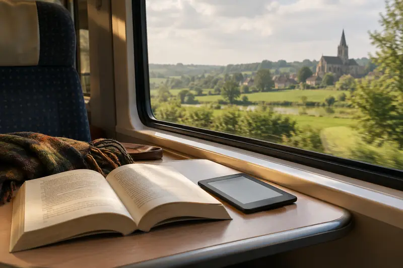 Livre ouvert dans un train traversant la campagne normande sous une lumière douce