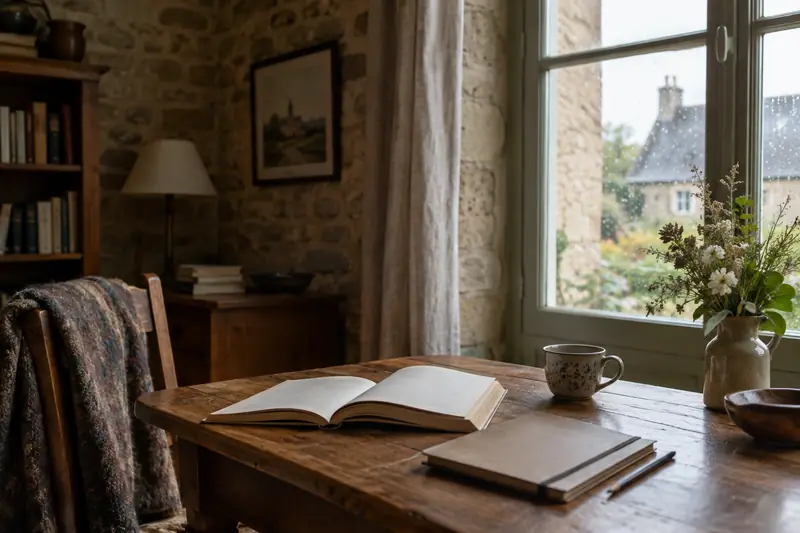 Un livre ouvert près d’une fenêtre, dans une maison normande baignée de lumière