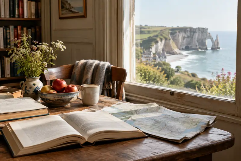 Livres ouverts et carte de randonnée près d’une fenêtre donnant sur la côte normande