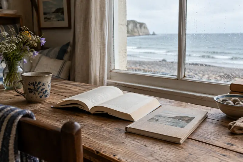 Livres ouverts près d’une fenêtre de gîte face à la côte normande