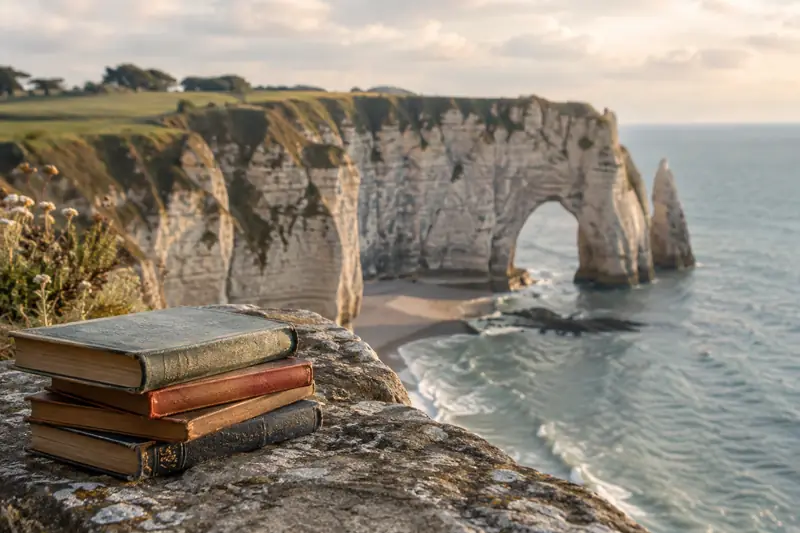 Livres anciens devant les falaises blanches et l’Aiguille d’Étretat