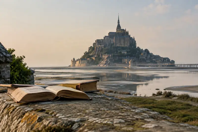 Le Mont-Saint-Michel au-dessus de la baie, accompagné de livres anciens sous une lumière douce.